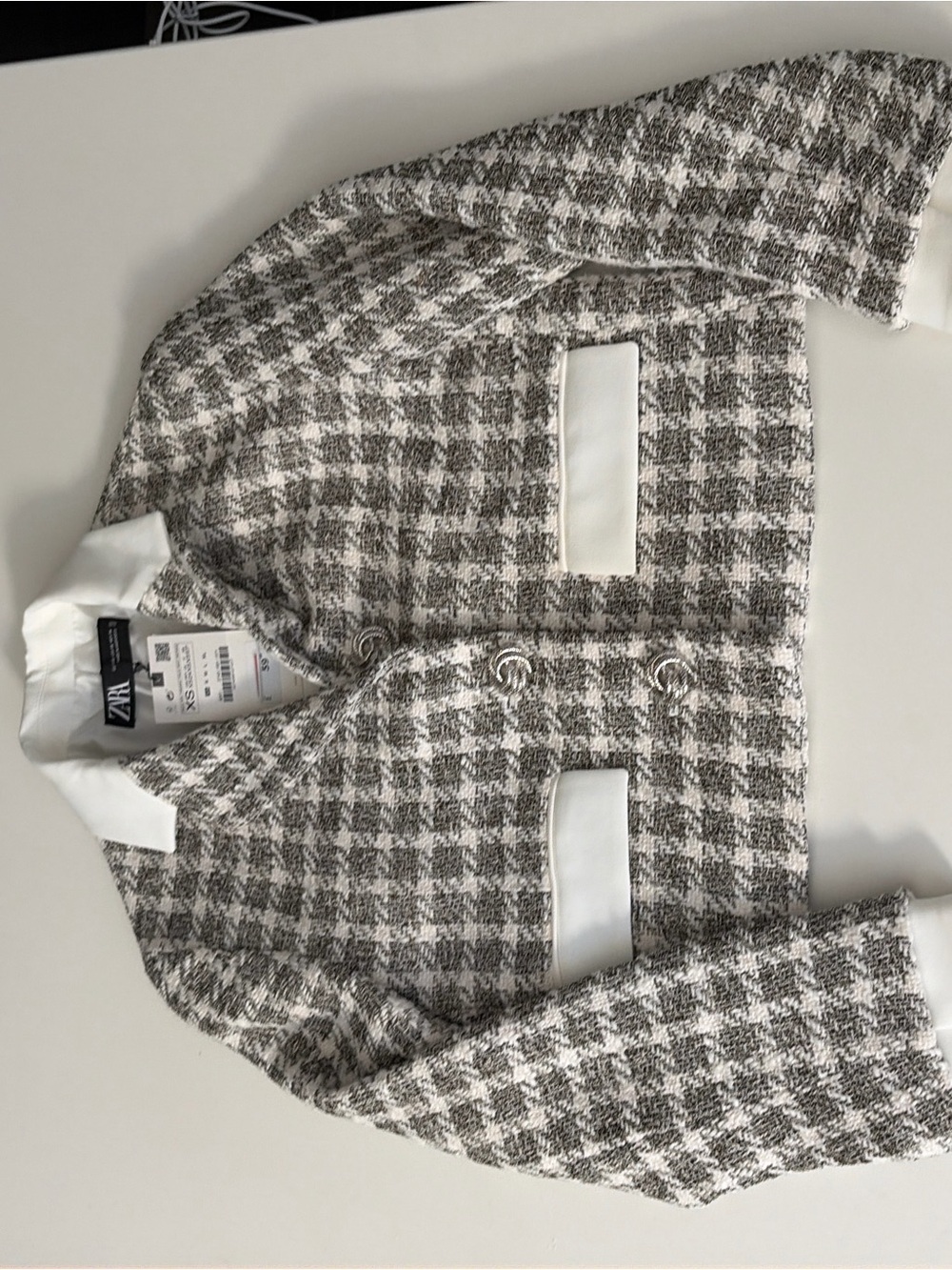 Zara Gray & White Houndstooth Tweed Blazer Jacket